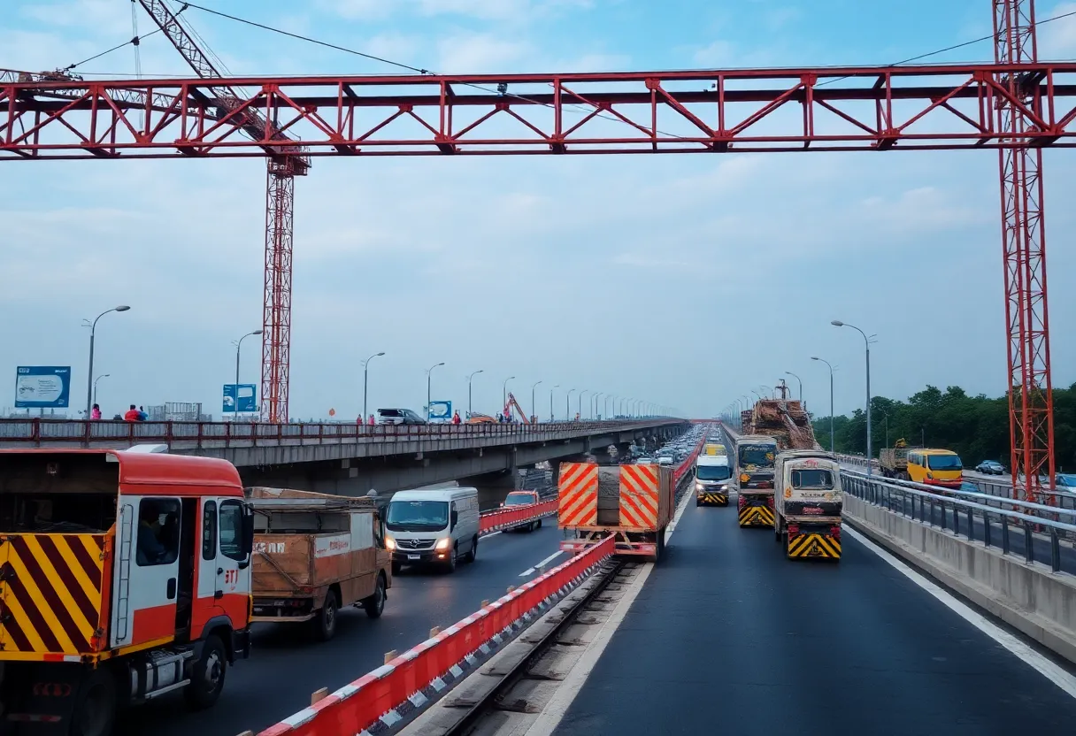 Construction scene of the Washington Bridge undergoing reconstruction.