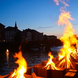 People enjoying the WaterFire lighting event in Providence with glowing braziers on water.