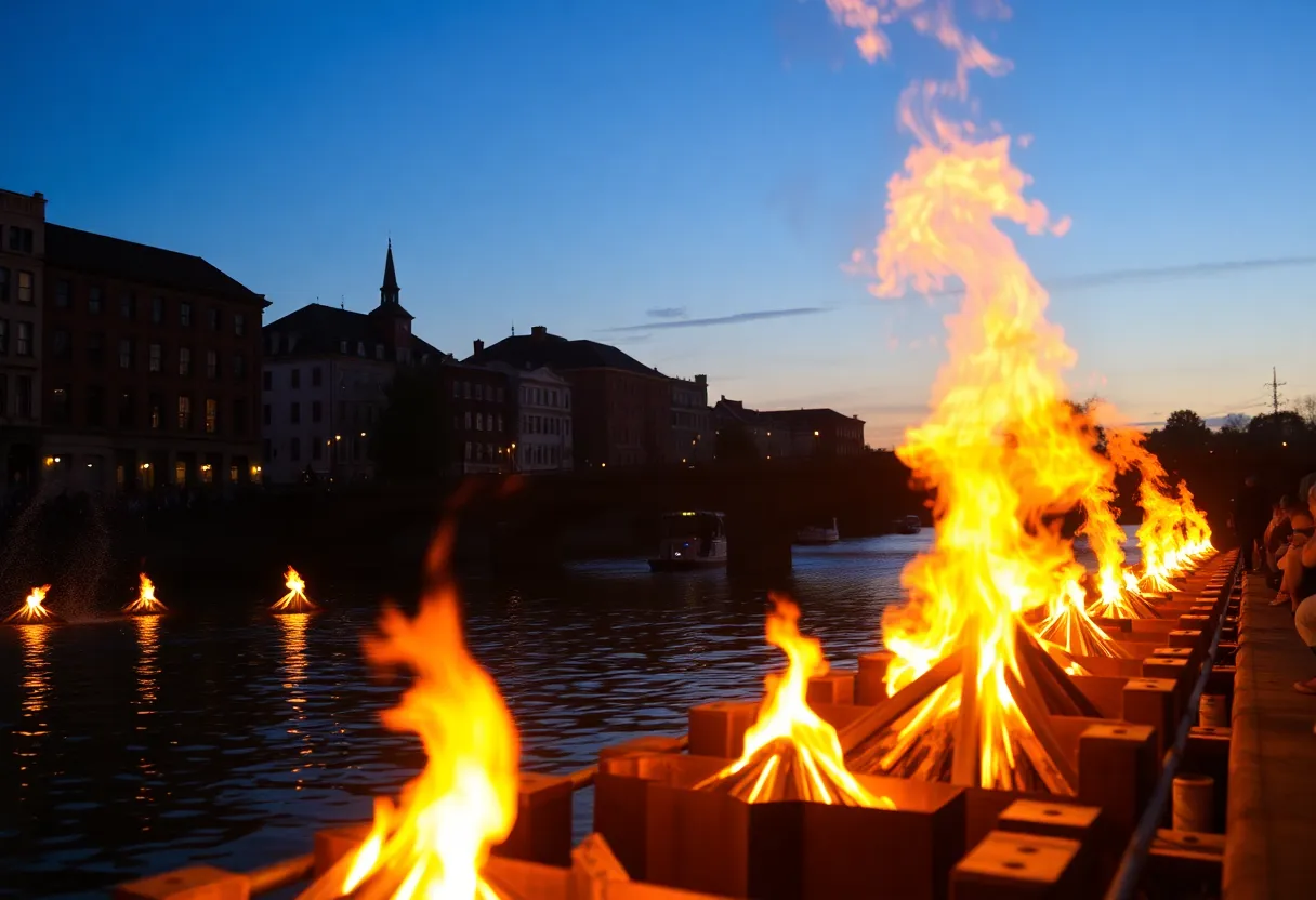 People enjoying the WaterFire lighting event in Providence with glowing braziers on water.