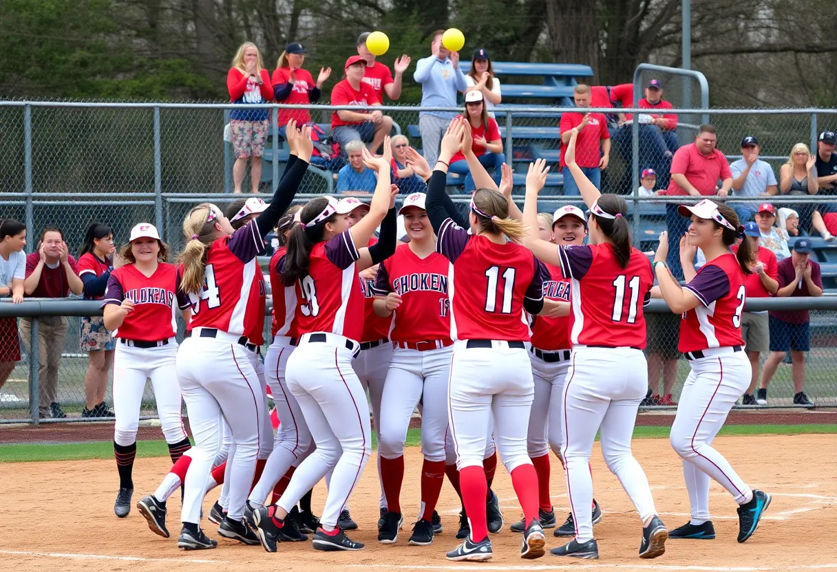 Yale University softball team celebrates after winning a game against Brown University.