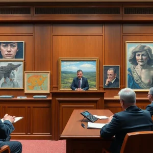 Courtroom depicting legal dispute over arts funding