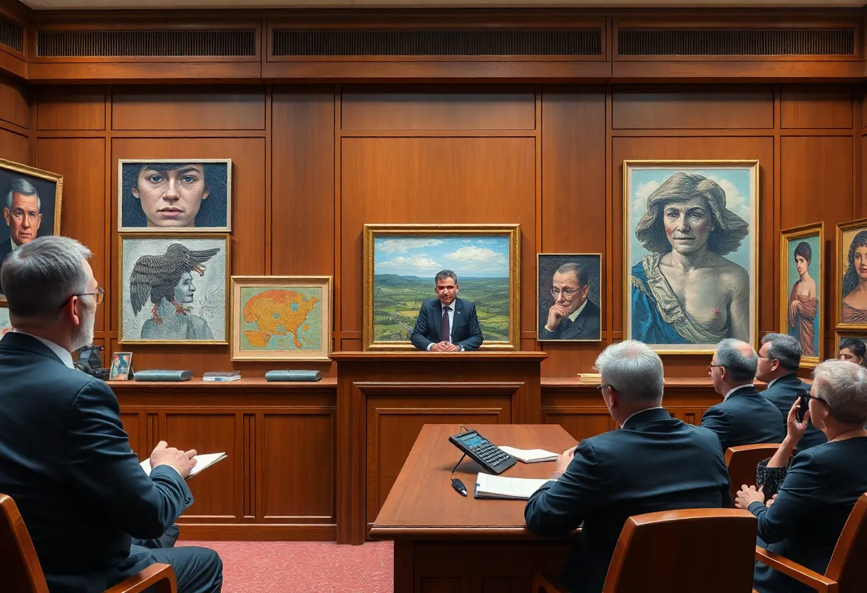 Courtroom depicting legal dispute over arts funding