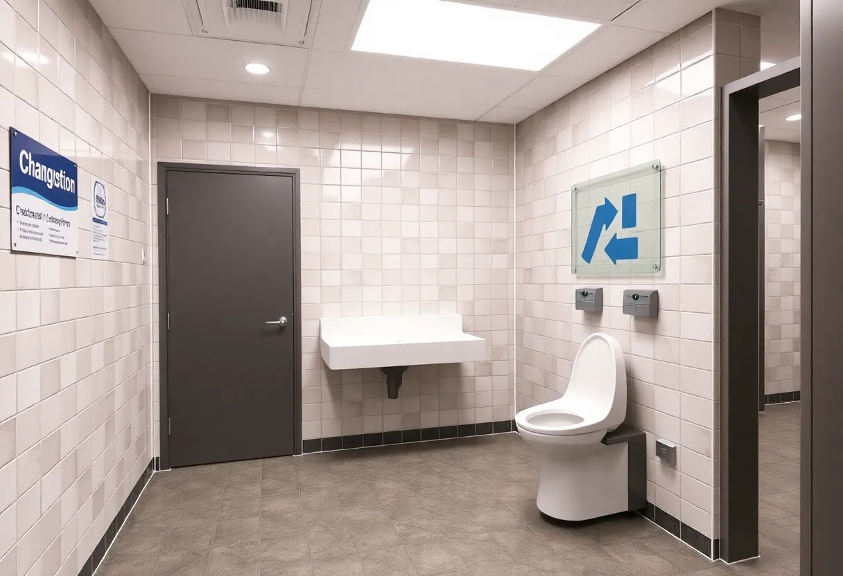 Adult changing station designed for accessibility in public restrooms