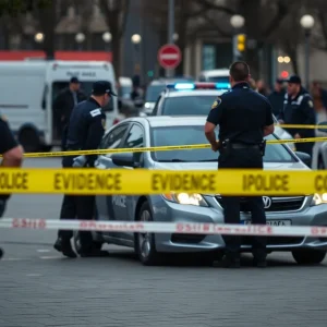 Police officers investigating an armed carjacking scene