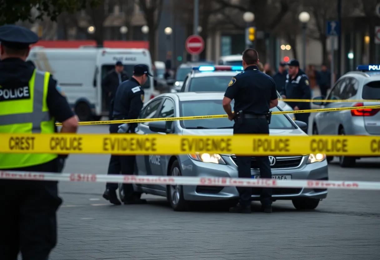 Police officers investigating an armed carjacking scene