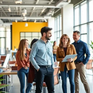 Employees collaborating in a modern office space at AVTECH Software