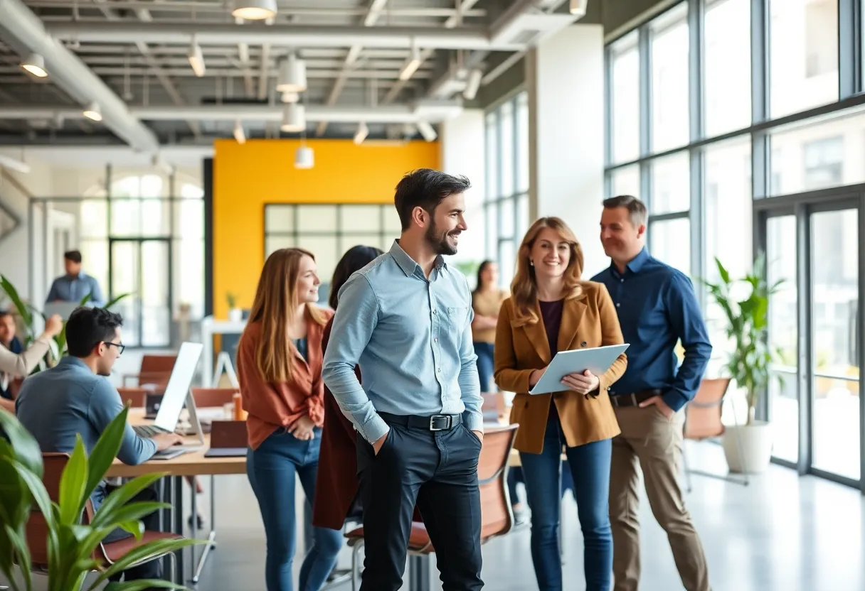 Employees collaborating in a modern office space at AVTECH Software