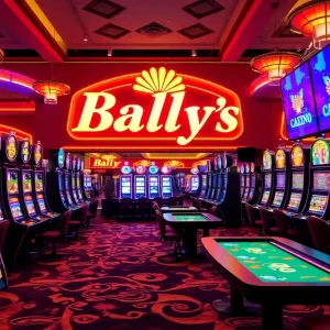 A bustling scene at a Bally's Casino filled with gaming tables and slot machines.