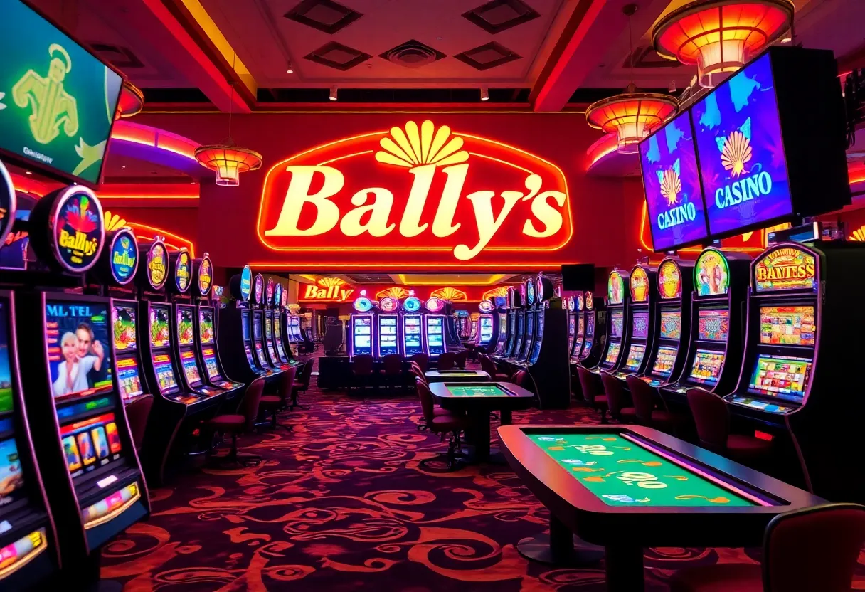 A bustling scene at a Bally's Casino filled with gaming tables and slot machines.