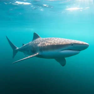 A basking shark swimming in the clear waters of Great Salt Pond, Rhode Island.