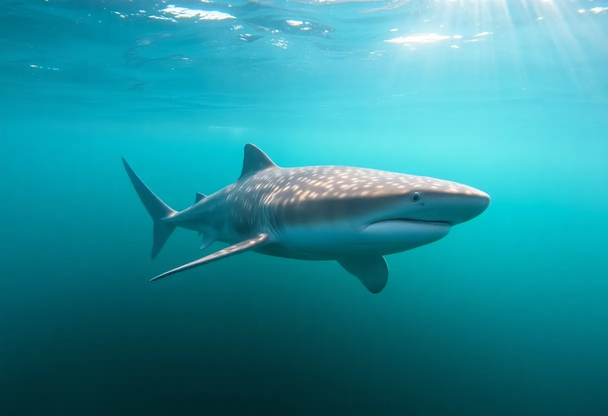 A basking shark swimming in the clear waters of Great Salt Pond, Rhode Island.