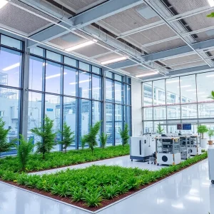 Exterior view of a modern biomanufacturing facility in Rhode Island.