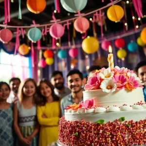 A colorful birthday celebration featuring a beautifully decorated cake and joyful guests.