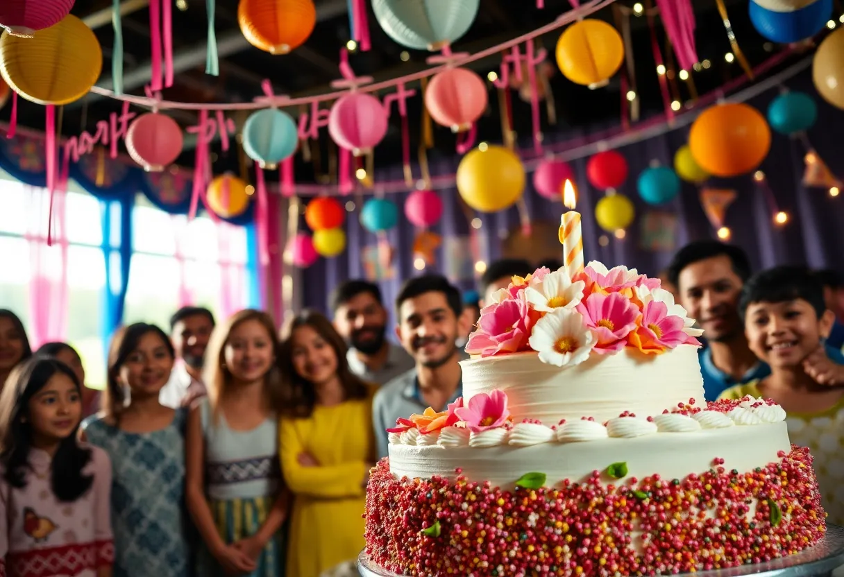 A colorful birthday celebration featuring a beautifully decorated cake and joyful guests.