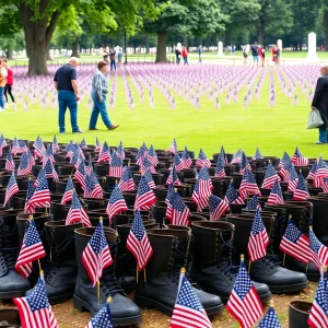 Boots representing fallen service members at the memorial