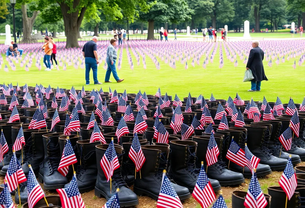 Boots representing fallen service members at the memorial