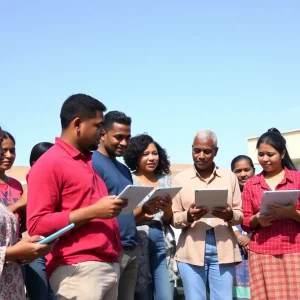 A group of people discussing internet access in a community setting.