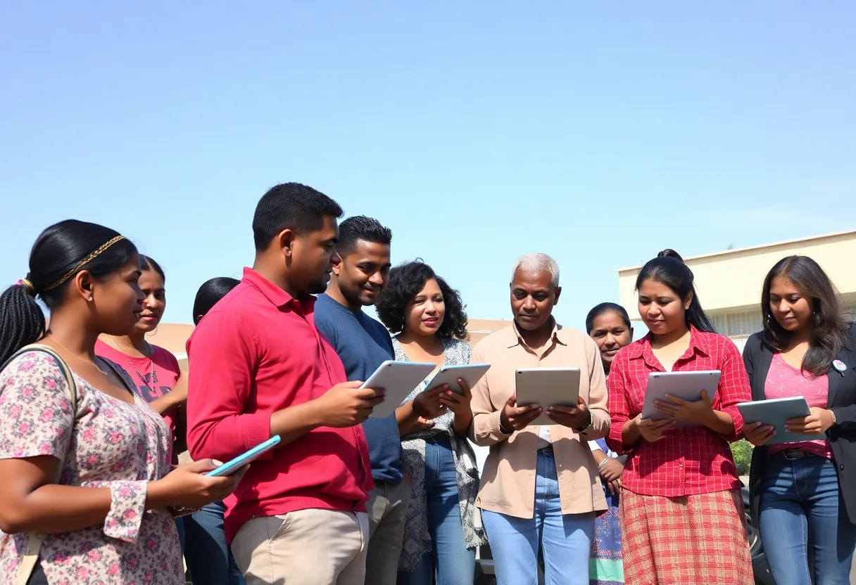 A group of people discussing internet access in a community setting.