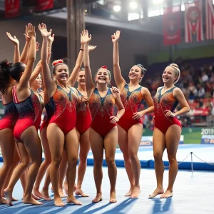 Brown gymnastics team celebrating their victory at Pizzitola Sports Center.