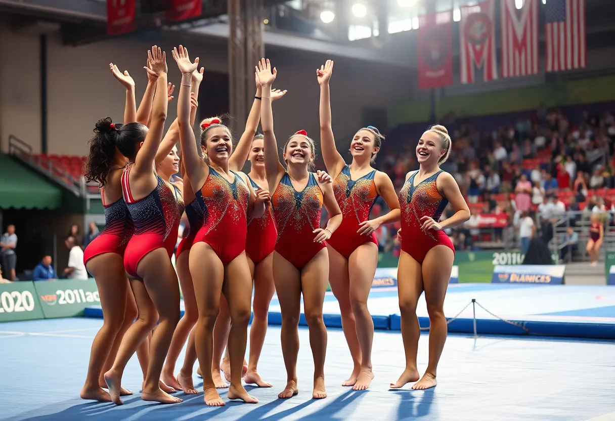 Brown gymnastics team celebrating their victory at Pizzitola Sports Center.