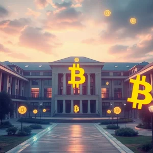 Overview of a university campus with cryptocurrency themes.