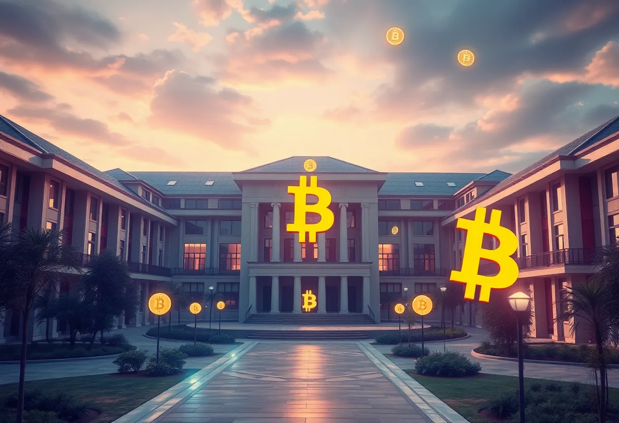 Overview of a university campus with cryptocurrency themes.