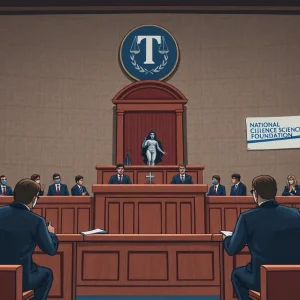 Courtroom scene representing Brown University lawsuit against NSF