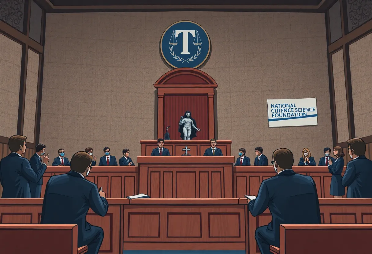 Courtroom scene representing Brown University lawsuit against NSF