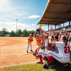 Brown University softball team celebrating with trophy on the field