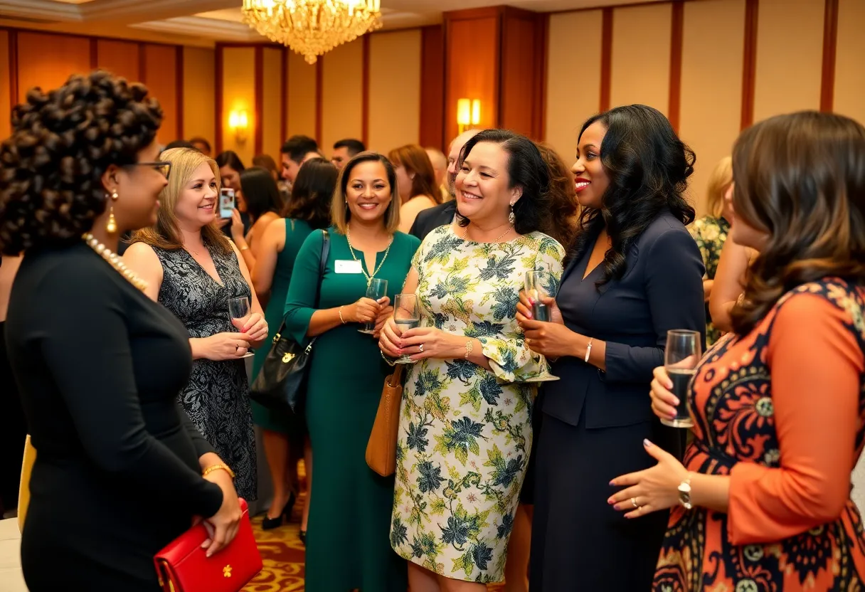 Women celebrating achievements at a formal awards luncheon
