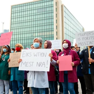 Unionized workers protesting outside Butler Hospital