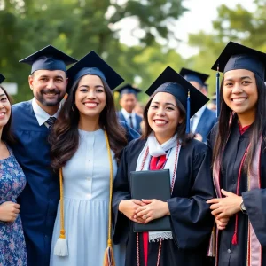 Carys Zeta Douglas in graduation cap and gown with family