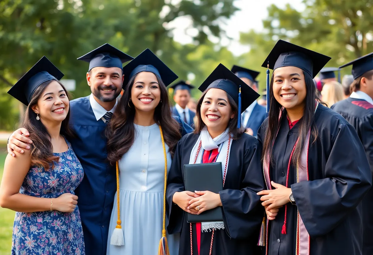 Carys Zeta Douglas in graduation cap and gown with family