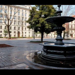 Deteriorating Cathedral Square with sparse trees and a neglected fountain