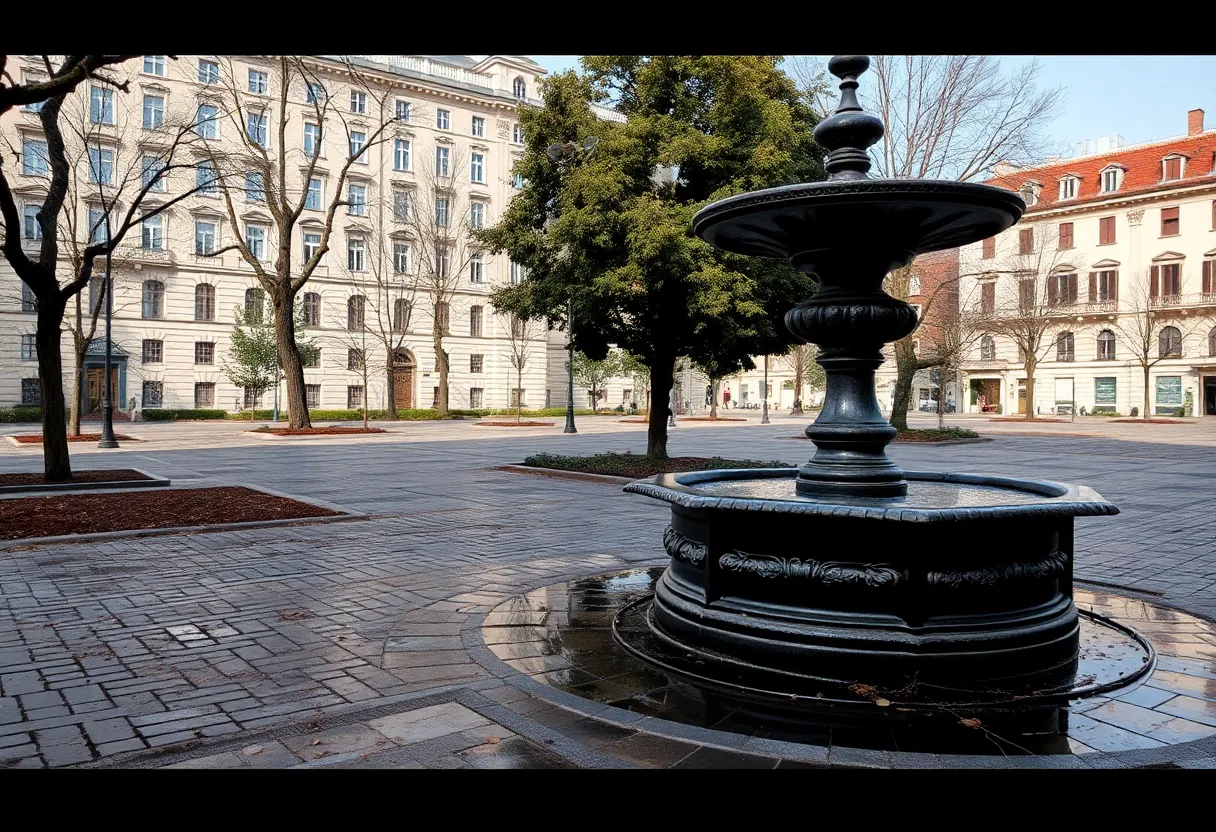 Deteriorating Cathedral Square with sparse trees and a neglected fountain