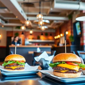 Interior of Chomp Kitchen & Drinks with burgers on table