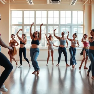 Diverse dancers in a rehearsal setting, displaying different dance styles.