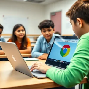 Students discussing safety measures related to Chromebook usage in a classroom.