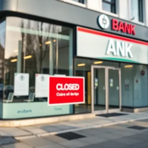 Closed Santander Bank branch with signage indicating closure