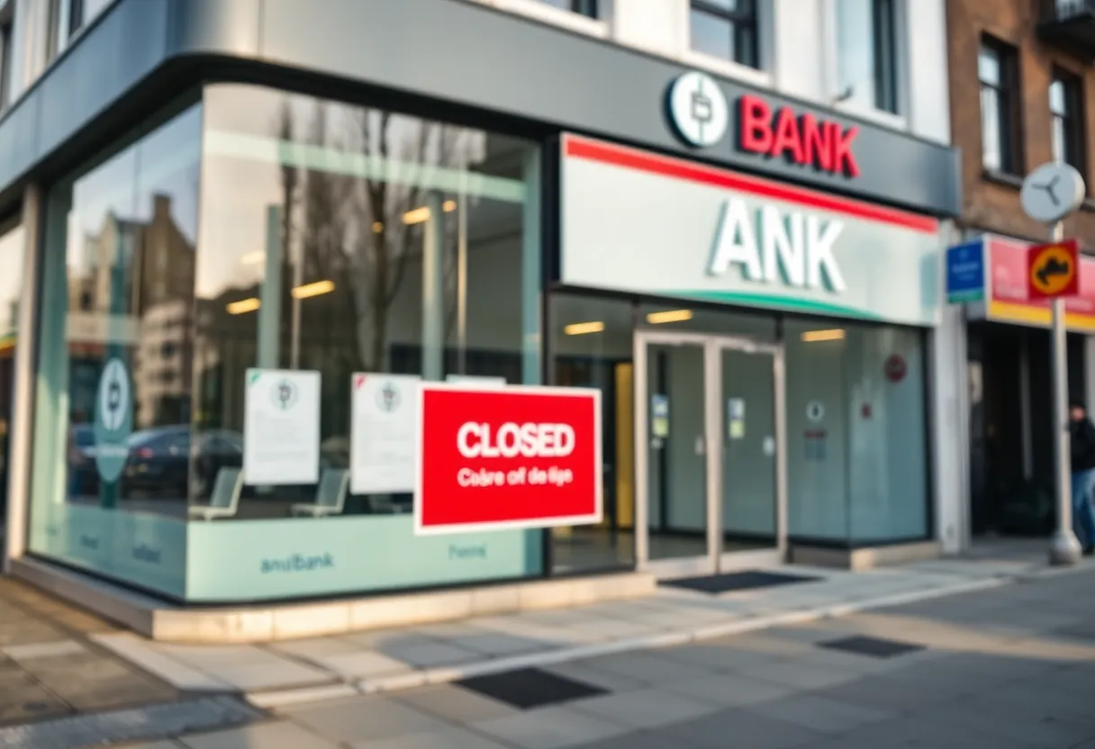 Closed Santander Bank branch with signage indicating closure