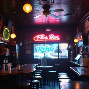 Interior of Club Frills dive bar in Providence showcasing a nostalgic design with colorful decor.