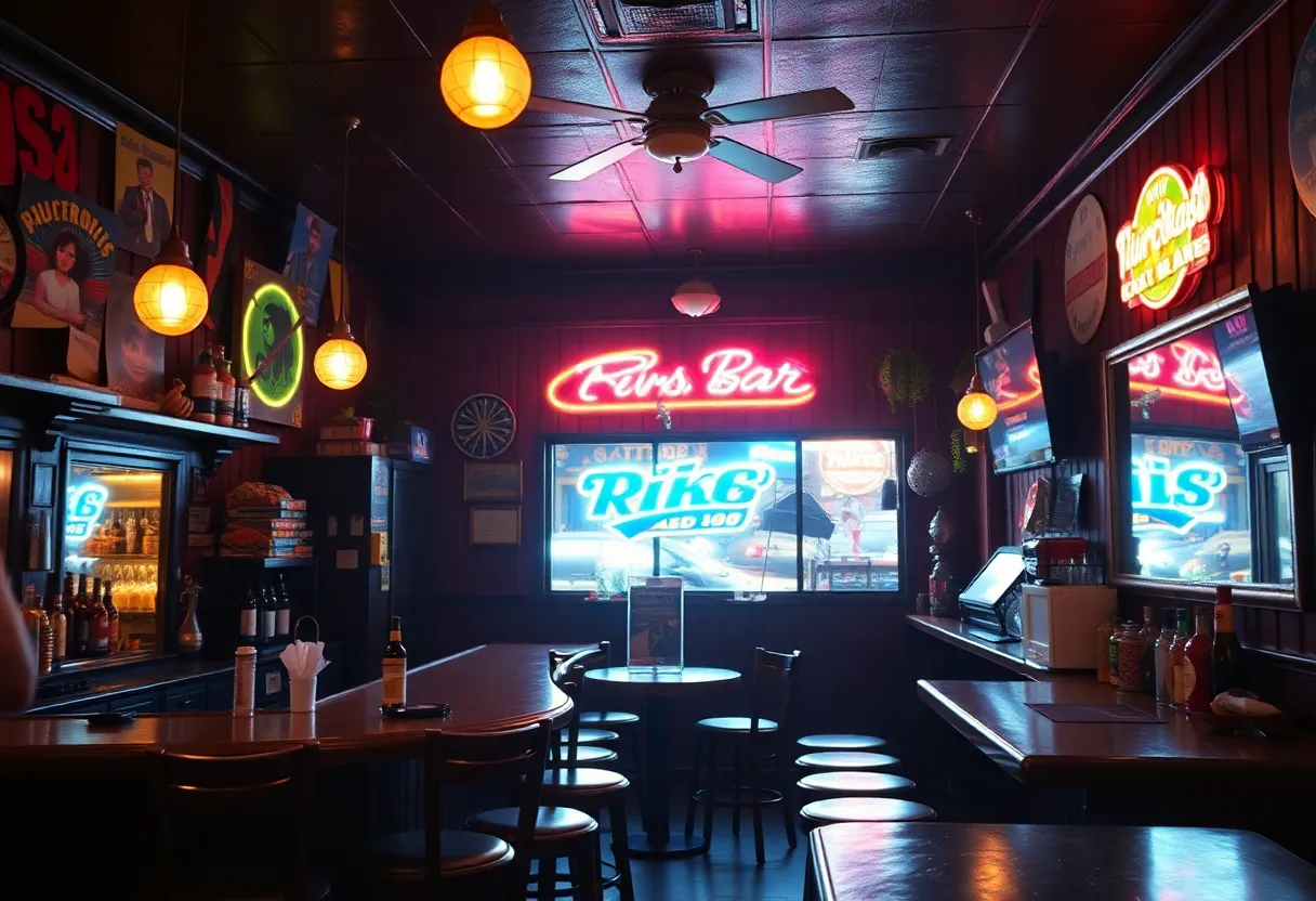 Interior of Club Frills dive bar in Providence showcasing a nostalgic design with colorful decor.