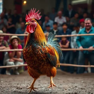 A rooster in a fighting arena symbolizing illegal cockfighting practices.