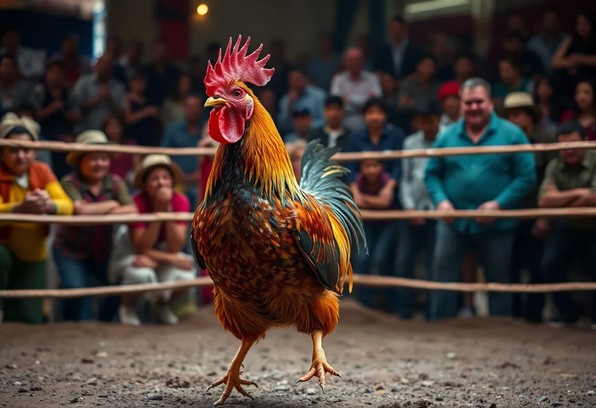 A rooster in a fighting arena symbolizing illegal cockfighting practices.