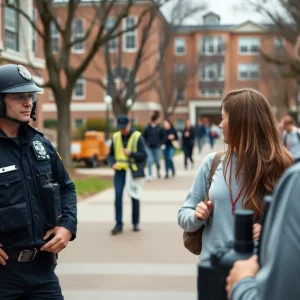 Police officers patrolling college campus for safety