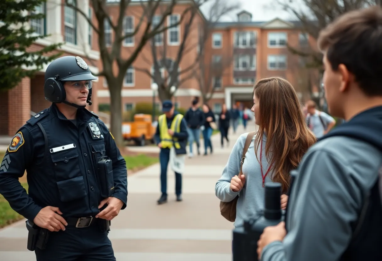 Police officers patrolling college campus for safety