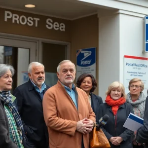 Community members discussing trust in public service outside a post office.