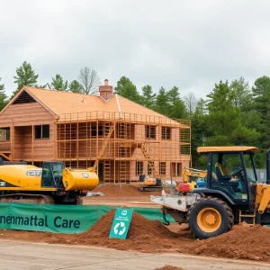 Construction site showcasing machinery and environmental care signs.