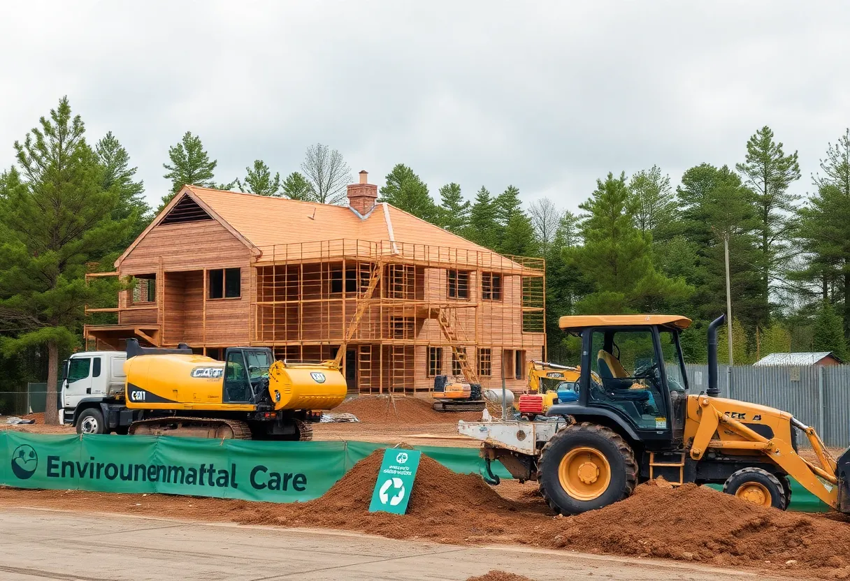 Construction site showcasing machinery and environmental care signs.