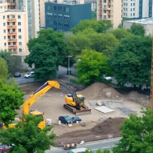 Construction site showing heavy machinery and urban environment